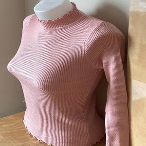 Baby Pink Women's Lettuce Edge Mock Neck Knit Turtleneck Top